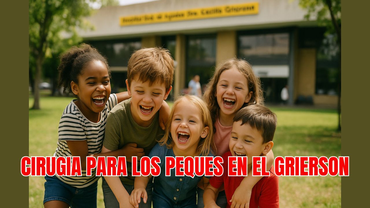 Imagen de un grupo de niños riendo y jugando en un parque, con un hospital de fondo difuminado, simbolizando la importancia de la cirugía infantil Grierson Comuna 8 para garantizar un futuro saludable a la niñez