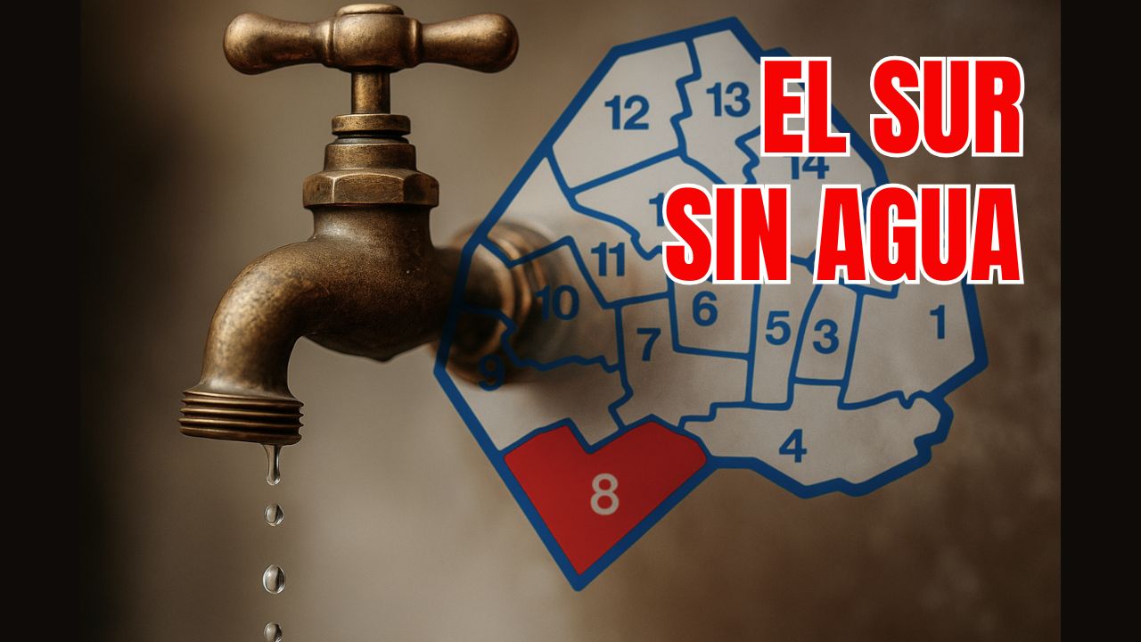 Representación visual de un grifo de agua abierto goteando sobre un mapa estilizado de la Ciudad de Buenos Aires, con el área de Villa 20 resaltada, simbolizando la problemática del acceso al agua segura en la Comuna 8