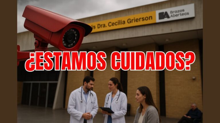 Ilustración de un hospital con una silueta de una cámara de seguridad en primer plano, simbolizando la urgente necesidad de seguridad en salud Comuna 8 para proteger a pacientes y personal médico