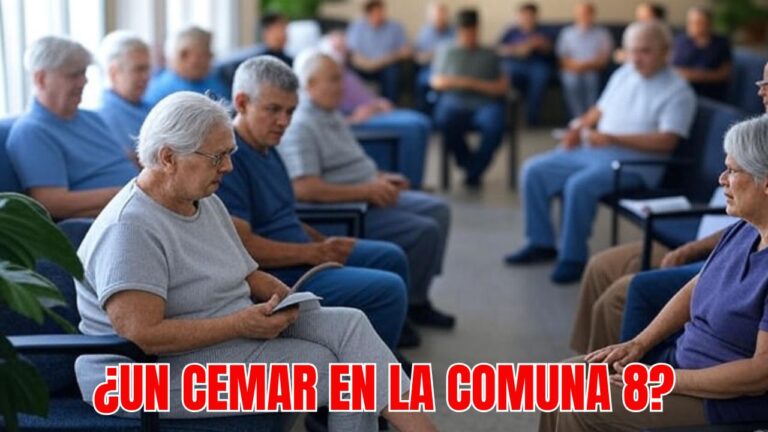 Personas de diversas edades y orígenes recibiendo atención médica en un centro de salud moderno, simbolizando el acceso equitativo a un CEMAR en la Comuna 8.