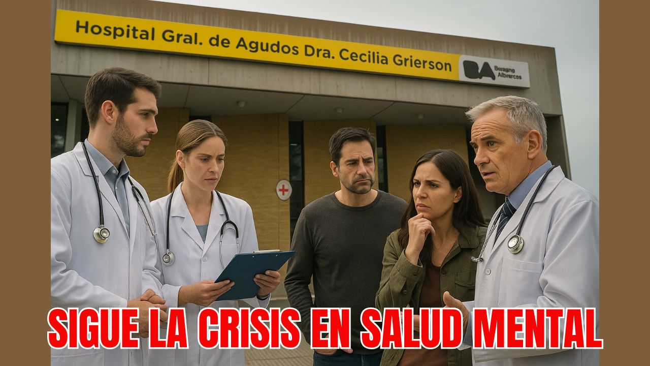 Representación gráfica de la crisis de salud mental en la Comuna 8 de Buenos Aires, con personas preocupadas y el edificio del Hospital Grierson al fondo, destacando el problema de la salud en la región.